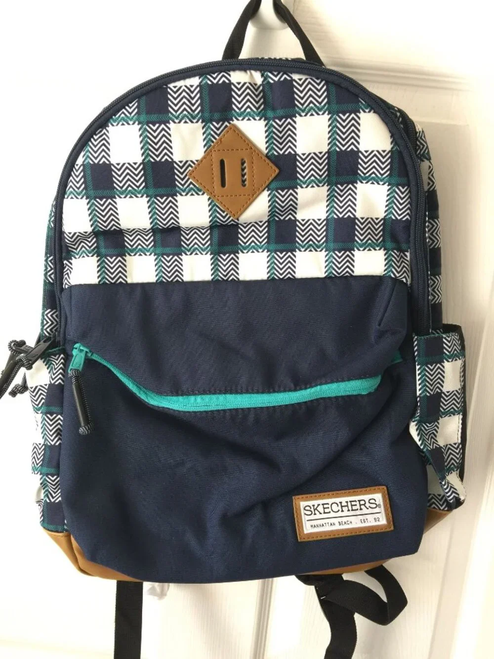 Skechers Large Navy Blue Green Plaid Laptop Backpack School Bag Knapsack